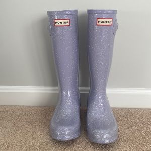Girls tall hunter boots purple glitter size 4 with socks
